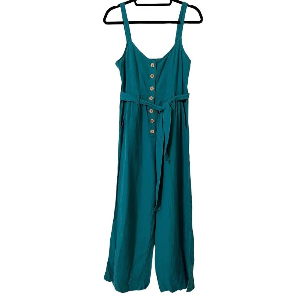 ROXY NWT Mind Trip Jumpsuit Sz S Biscay Bay Teal Waist Tie Smocked Back Linen Bl - Picture 2 of 6